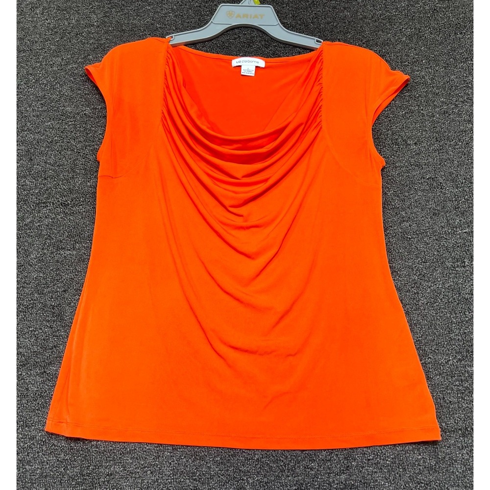Liz Claiborne Blouse Top Womens L Orange Stretch Cowl Neck Cap Sleeve Business